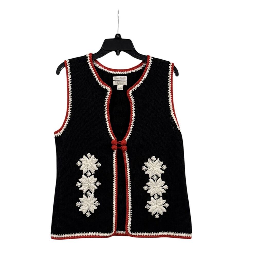 Vintage Christopher Banks Vest XL Black Snowflake Crochet Cottage Christmas